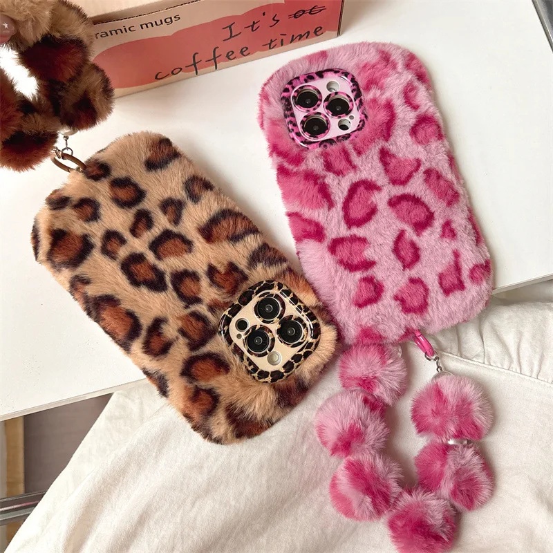 Phone Cases Iphone 16 Pro Max - Fashion Leopard Furry Plush Lens Bracket