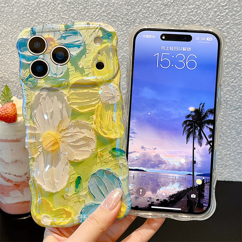 Phone Cases Protective - Fashion Oil Painting Flowers Wavy Phone
